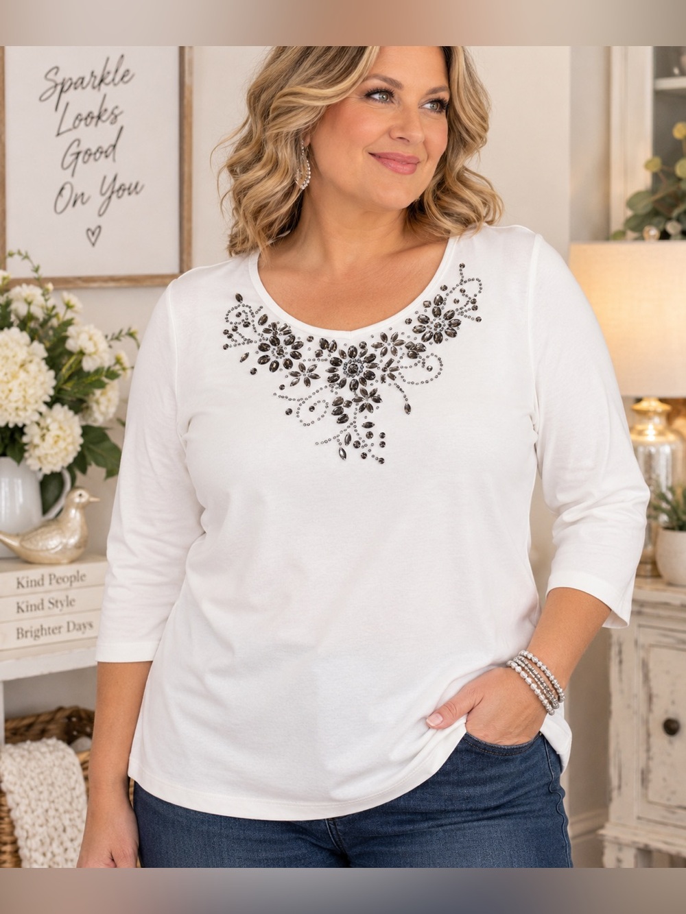 Quacker Factory White Scoop Neck Top with Rhinestone Floral Accent
